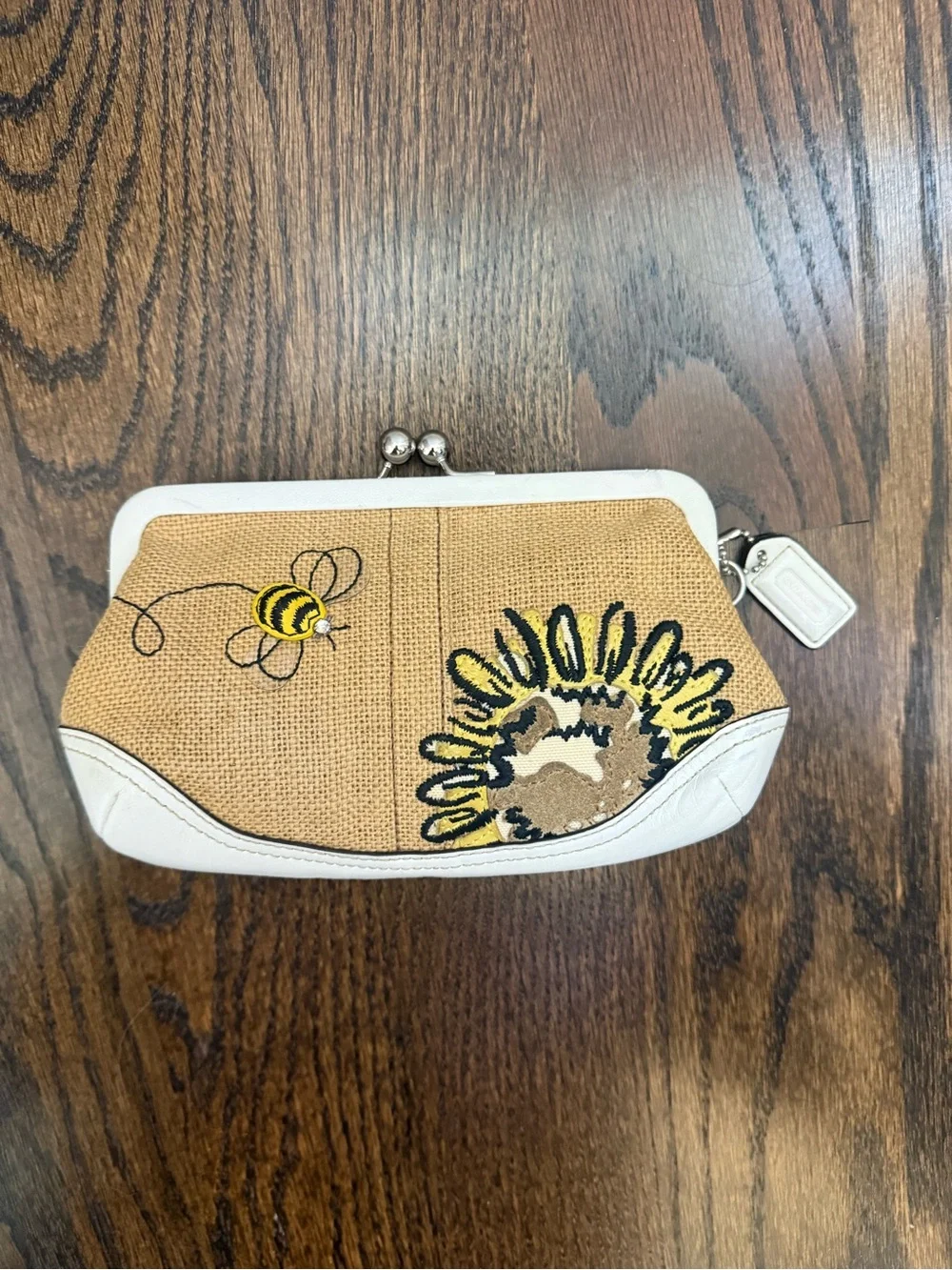 Coach Floral Bee Embroidered Clutch - Beige with Red & Teal Accents